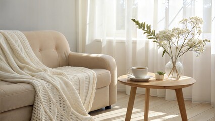Naklejka premium Bright living room with cozy sofa, coffee cup, and flowers on wooden table