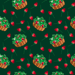 Victoria's Basket. Seamless pattern. Watercolor botanical illustration of strawberries on a colored background. For your design