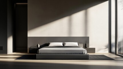 Contemporary minimalist bedroom with minimal furnishings. Featuring a clean, open design with sleek lines