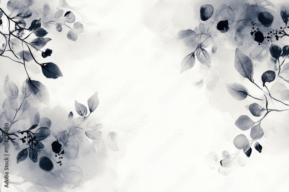 Poster a close-up illustration of leaves and branches in shades of gray, perfect for use as a background or