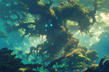 Fototapeta premium A mystical forest scene with a giant tree and glowing elements.