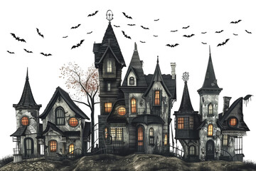 Obraz premium Haunting Halloween Haunted House with Pumpkins Isolated on Transparent Background
