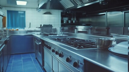 Modern stainless steel commercial kitchen interior with cooking appliances.