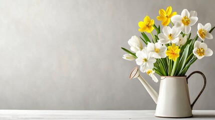 Fresh Spring Flowers Arrangement in a White Watering Can on a Light Background