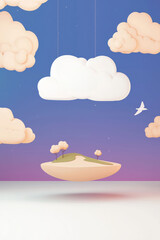 Dreamy floating island with clouds in serene, pastel colors.