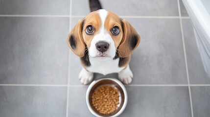Playful puppy at dog bowl home kitchen cute pet scene indoor top view