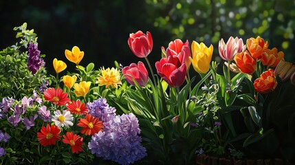 Fototapeta premium Vibrant Collection of Colorful Tulips and Flowers in a Lush Garden Setting