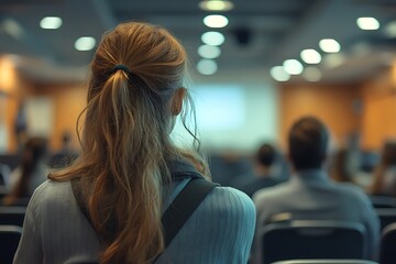 Woman with long hair at conference presentation