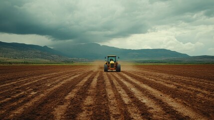 Fototapeta premium Agricultural Landscape with Tractor in Overcast Setting