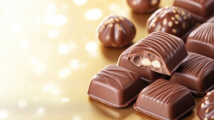Minimal chocolates concept. Delicious assortment of chocolate candies on a golden background.