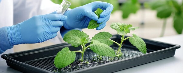 Scientist analyzes plant growth using test tube in laboratory