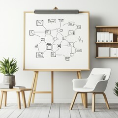 A minimalist workspace featuring a whiteboard with flowchart sketches, exuding a modern and creative atmosphere.