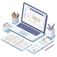 A modern laptop displaying data analytics with office supplies arranged neatly around it.