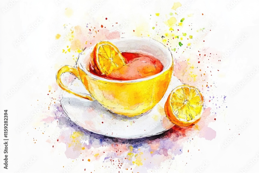 Poster a still life image of a cup of tea with a slice of lemon