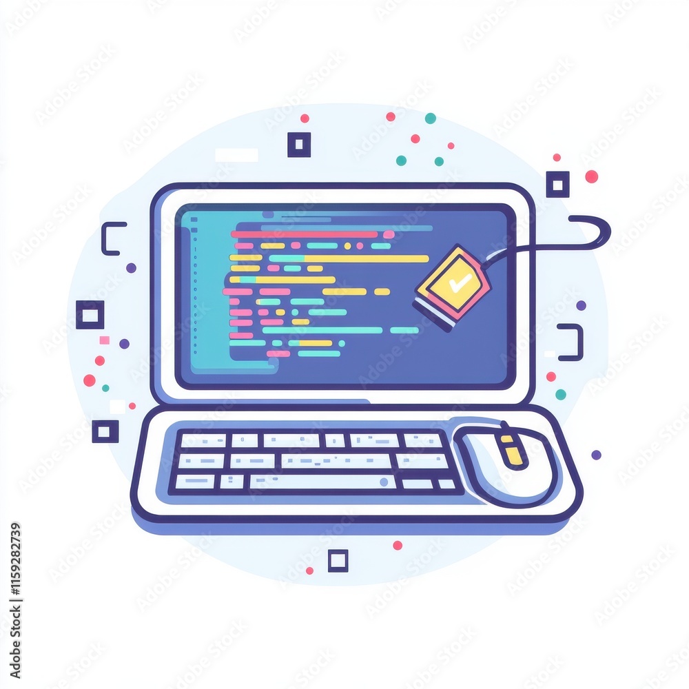 Poster a colorful illustration of a laptop displaying code with a checkmark, symbolizing successful program