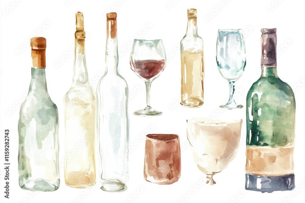 Poster a collection of wine bottles and wine glasses on a table