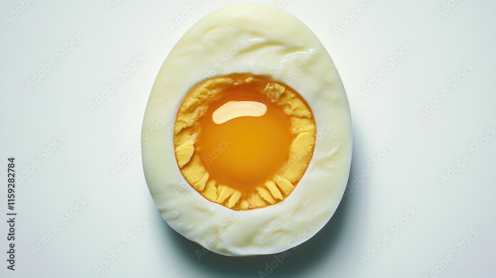 Poster A single egg cut into two halves on a clean white surface, ideal for use as a symbol or visual element