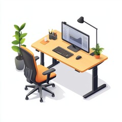 A modern home office setup featuring a wooden desk, ergonomic chair, and stylish plants.