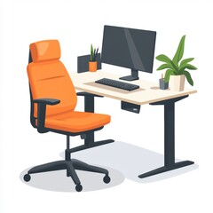 A modern home office setup featuring a sleek desk, ergonomic orange chair, and decorative plants.