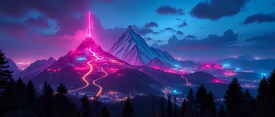 Neon-Lit Mountain Peak in Nature: Cyberpunk Cityscape