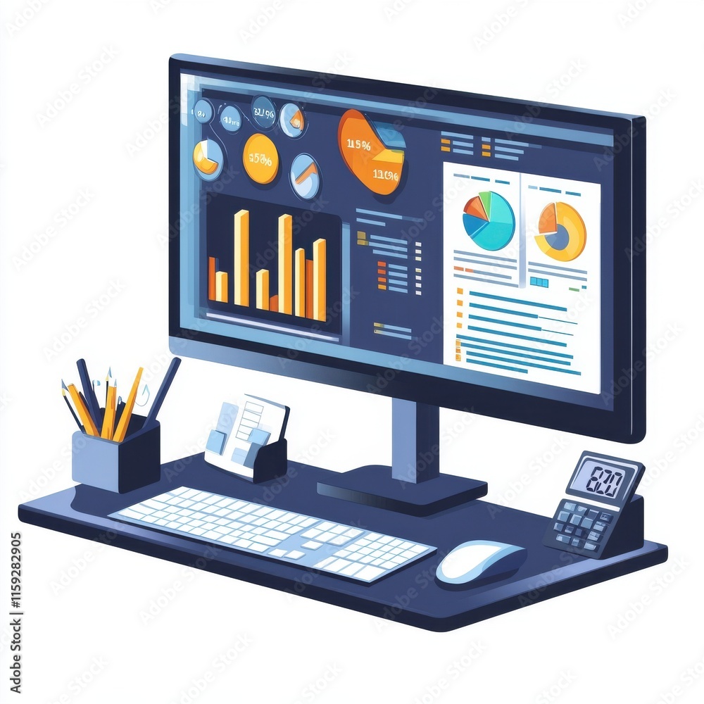 Poster a modern workspace featuring a sleek computer monitor displaying colorful data visualizations and a 