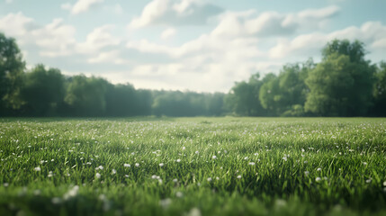 Tranquil Meadow: A lush, green meadow dotted with wildflowers stretches out beneath a clear blue sky, bathed in the warm glow of the setting sun.
