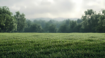 Fototapeta premium Misty Meadow: A tranquil landscape with lush green grass in the foreground and a misty forest backdrop. The soft light and gentle breeze create a sense of peace and serenity. 