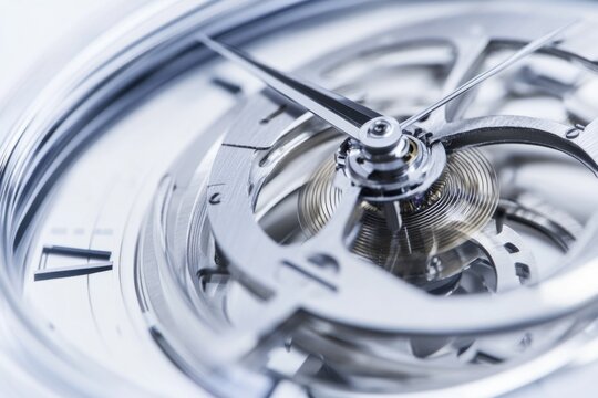 Close-up shot of a silver clock face with intricate details and roman numerals