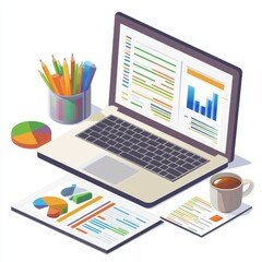 A modern workspace with a laptop, colorful charts, and a cup of coffee, ideal for productive work sessions.