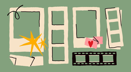 Photo frame, film frame set. Various shapes, retro style. Hand drawn modern Vector illustration. Lifestyle, decoration, mood board concept. Isolated design elements