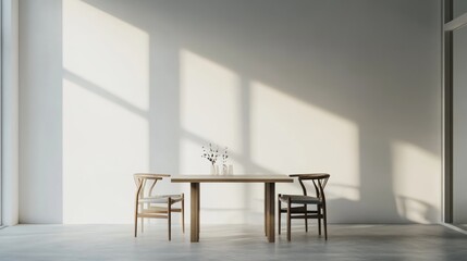 Fototapeta premium Contemporary minimalist dining room with minimal decor. Featuring a clean, open design with modern lines