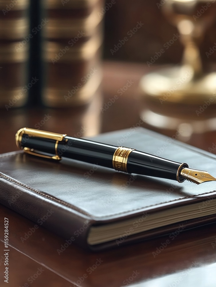 Poster luxury fountain pen with gold accents rests on a leather notebook at an elegant desk in a warm offic