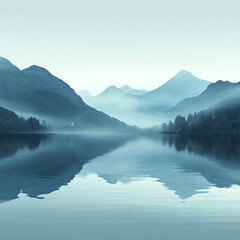 Serene Landscape of Tranquil Waters and Majestic Mountains Under a Misty Sky, Perfect for Capturing the Essence of Peaceful Travel and Nature Exploration