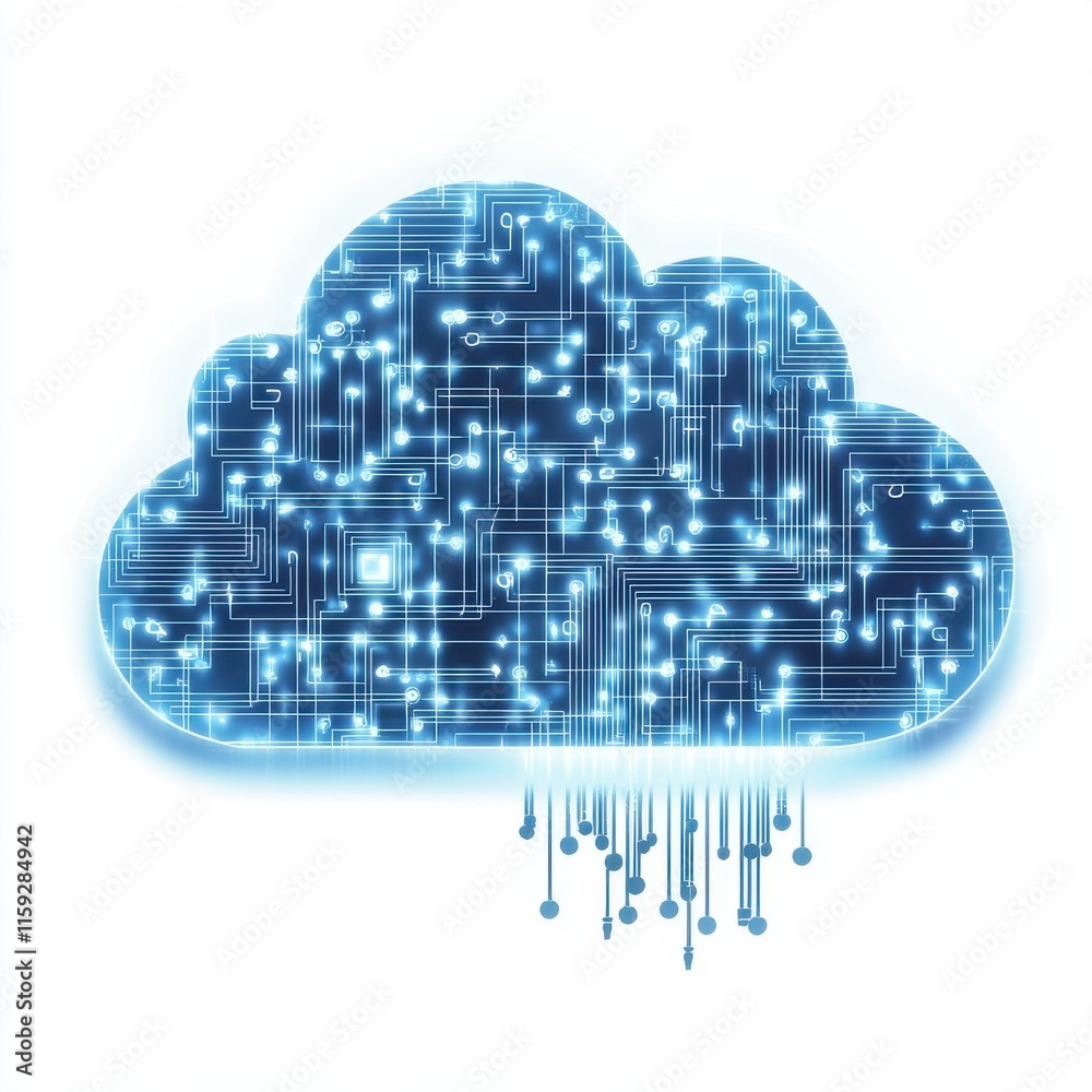 Poster digital cloud symbol featuring glowing circuit patterns in blue, representing technology and data st