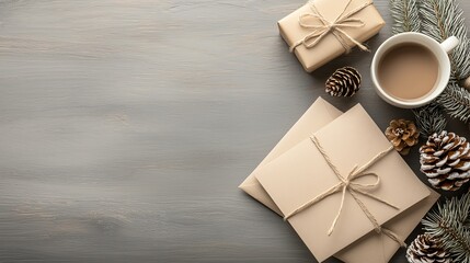 Flatlay of elegant holiday stationery with stylish Christmas Offers text, Exclusive Deals, simple sophistication