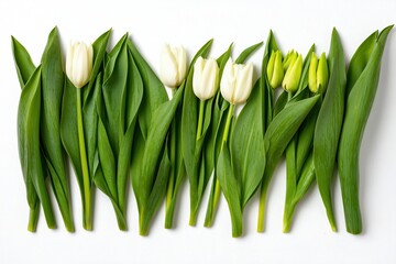 Fototapeta premium Elegant Arrangement of White Tulips and Fresh Green Leaves on Clean Background