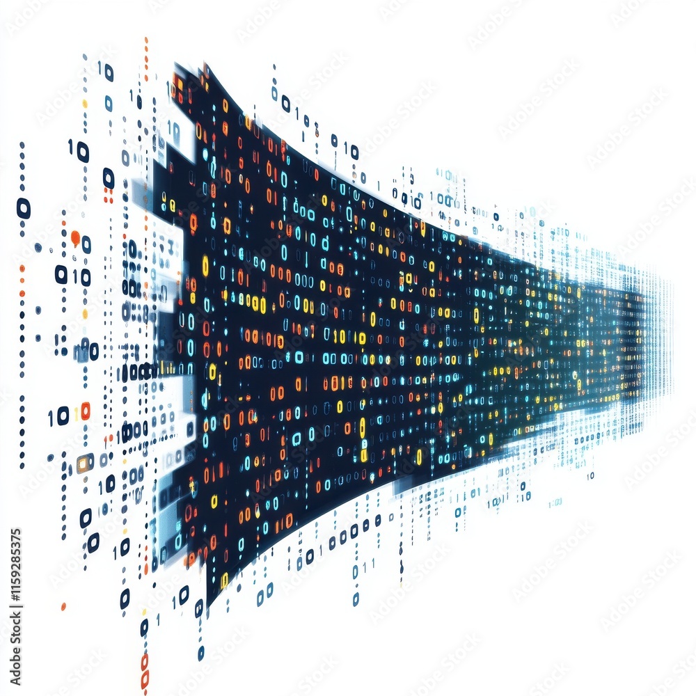 Poster digital data stream with binary code flowing in vibrant colors, symbolizing technology and innovatio