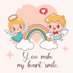 Postcard you make my heart smile. Cute postcard with angels in delicate pink colors. Template for printing, sending in messages, social networks. Vector graphics.
