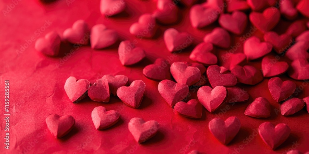 Poster a group of bright red hearts on a solid red background