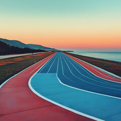 Naklejka premium Serene Minimalistic Landscape Featuring a Track Path by the Sea at Sunrise, Capturing the Tranquility of an Early Morning Sports Environment