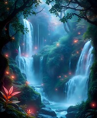 Obraz premium Enchanting Waterfall in Lush Forest