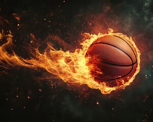 A fiery basketball flying through space with cinematic lighting, Background, and Wallpaper AI generated image