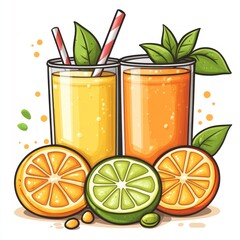 Two glasses of fresh fruit juice with oranges and lime.