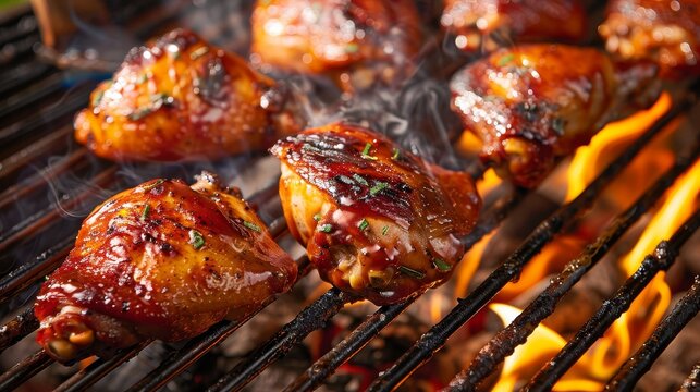Sizzling chicken thighs on charcoal grill  a close up of flames and delectable barbecue scene - Powered by Adobe