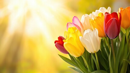 Vibrant Tulips in Bloom with Soft Sunlight and Warm Background for Spring Decor