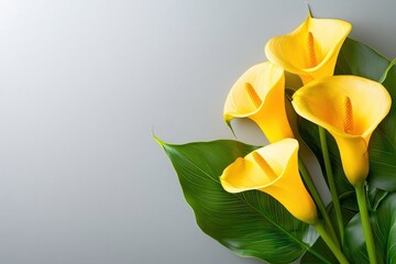 Elegant Yellow Calla Lilies with Lush Green Leaves on Soft Gray Background