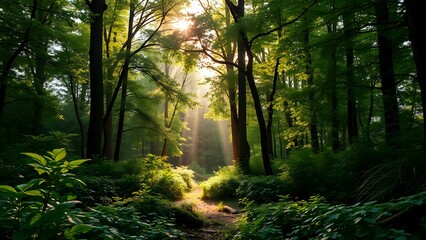 Obraz premium Serene Forest Path Bathed in Sunlight - Tranquil Nature Scene