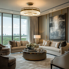 Luxurious living room with bespoke furniture, large windows, and stunning views. elegant design...