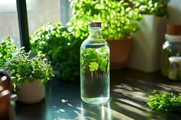 Preparing homemade herbal tincture with fresh aromatic herbs