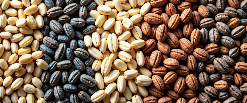 A close up of different colored nuts, including white, black, and brown. The nuts are scattered across the image, with some overlapping each other. The variety of colors